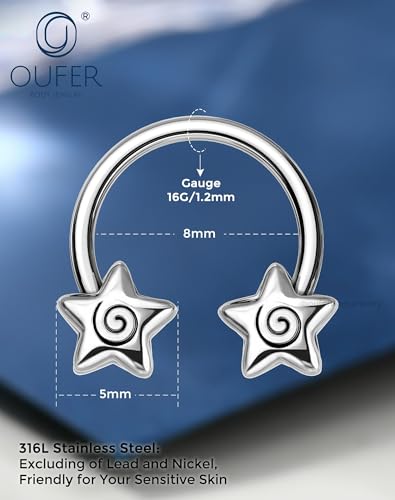 OUFER Septum Rings 16g Septum Jewelry Star Daith Earrings Gothic Tragus Helix Piercing Jewelry for Women Men - color: Steel