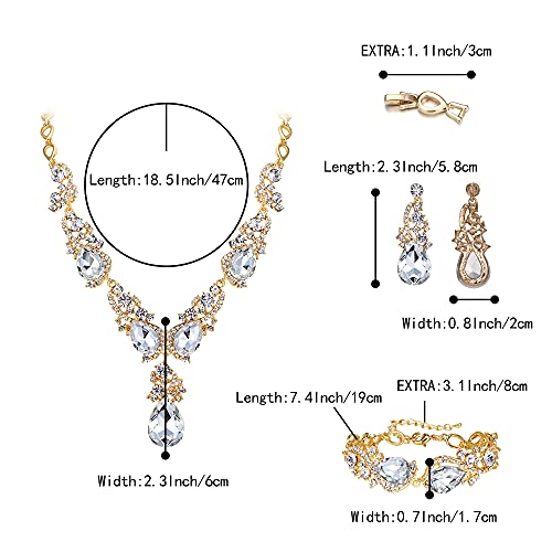 Wedding Bridal Jewelry Set for Women Prom Party Accessories | Shiny Multi Teardrop Cluster Crystal Statement Necklace Dangle Earrings Link Bracelet Set for Bride Bridesmaid - color: Clear Gold-Plated-Base
