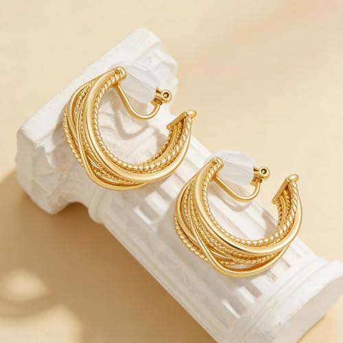 Clip on Earrings for Women Silver and Gold Plated Twisted Rope Hoops Non Pierced C Hoop Earring Lightweight Two Tone Clips Mixed Metal Jewelry Gifts - color: Wide Hoop-gold