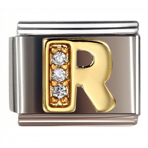 9MM Diamond Golden Letter Charm for Italian Charm Bracelet,DIY Italian Module Chain for Women - style: Letter-R