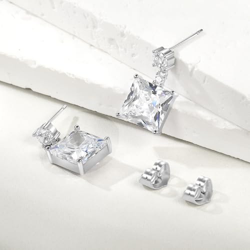 White Gold Earrings for Women Men Hoop and Stud Earring Set | Hypoallergenic 14K White Gold Plated Hoops Huggie Stud Earrings Set Round Cubic Zirconia Ear Jewelry - style: A6-White Gold-Hoop&Square Dangle Stud (4 Pairs)