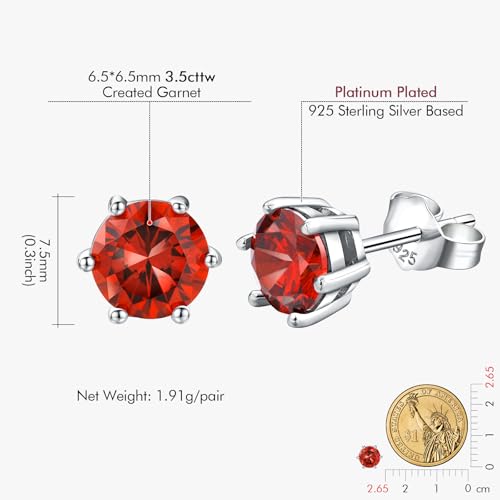 DAYBYDAY 925 Sterling Silver Birthstone Earrings for Women, Crystal Stud Earrings, 6.5mm Round Cut Solitaire Gemstone Earrings Birthday Jewelry - style: Round Cut-01. Jan/created garnet