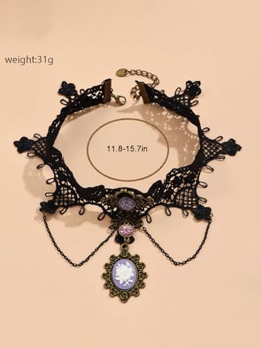 Lace Choker Necklace for Women Tassel Pendant Choker Necklaces Elegant Boho Collar Necklaces Statement Artistic Chain Necklace with Pearl Halloween Party Cosplay Costume Jewelry - color: Black Lace Flower
