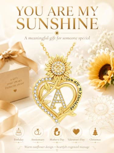 14K Gold Sunflower Initial Necklaces for Women | Heart Letter Pendant You Are My Sunshine Jewelry Gifts - style: A Initial