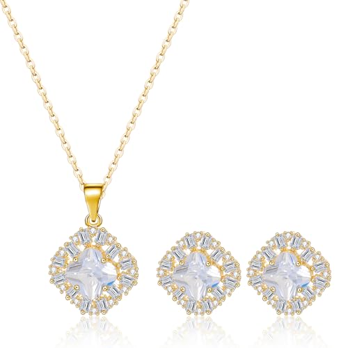 14K Gold Plated | 14K Platinum Plated Necklace for Women Necklace Earrings Set with Sparkling Zircon Inlay and Silver Post Earrings - color: Zircon square three-leaf flower set gold