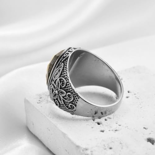 Retro Large Tiger Eye Stone Turquoise Wedding Ring For Men Classical Gothic Stainless Steel Rings - color: Silver-Black