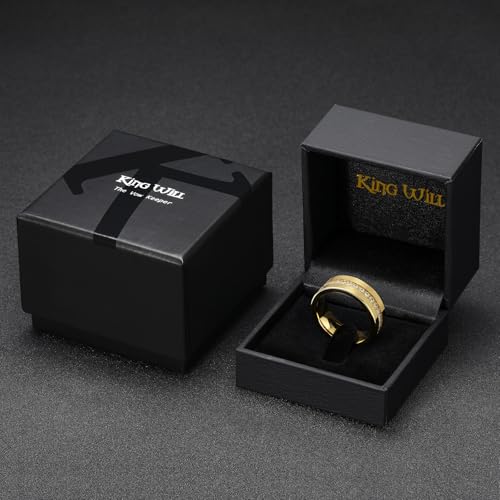 King Will Mens Tungsten Wedding Band with Cubic Zircon Inlay 7mm/8mm Flat Cut Comfort Fit Engagement Rings - color: Gold&White