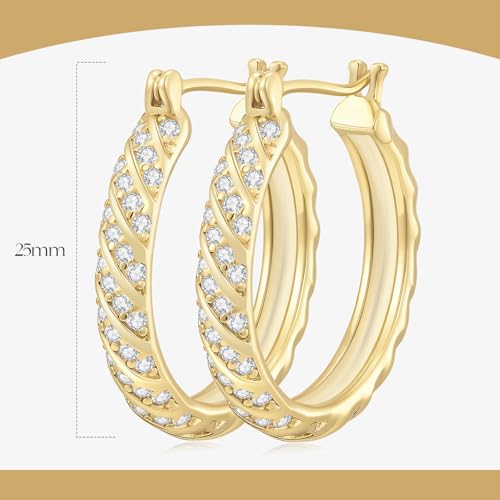 14K Gold Hoop Earrings for Women 14K Gold Earrings Jewelry Spiral Cubic Zirconia Thick Hoops Hypoallergenic Womens Huggie Earring 20/25/30/35MM - size: 25MM