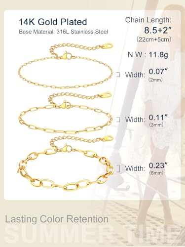 ChainsPro Stainless Steel Waterproof Anklet for Women, Adjustable Non Tarnish Layered Anklets, Trendy Dainty Cuban Link Ankle Bracelet Beach Jewelry Gifts for Swimming & Daily Wear (8.5+2 inches) - style: 3pcs-Style-A-Gold