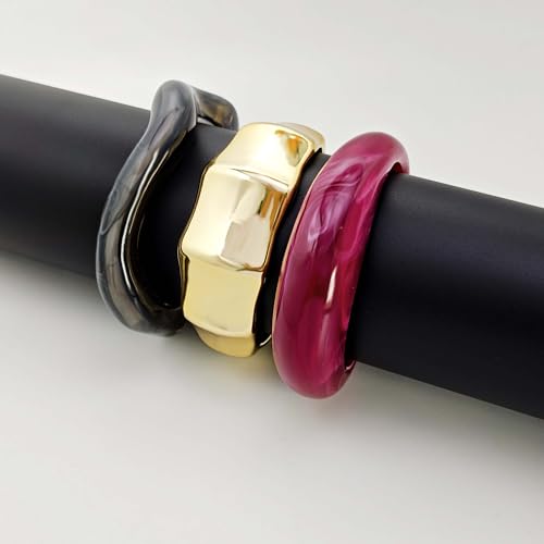 2PCS Chunky Acrylic Bracelet for Women Large Square Resin Cuff Vintage Open Bangle Bracelets Wide Geometric Jewelry - style: C-Gold+Red+Black