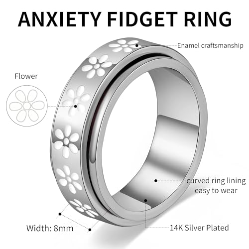 Fidget Anxiety Spinner Rings for Women | 14K Gold Silver Plated, 8mm Thick Stainless Steel Band Ring, Statement Cross Flower Spinning Rings, Jewelry Gifts, Size 6-10 - color: Silver-Flower