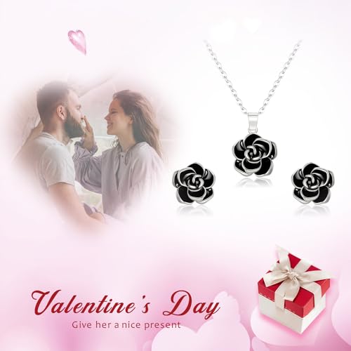 EleQueen Rose Flower Necklace Earrings Bracelet Set for Women - color: 07_Black Silver-Tone