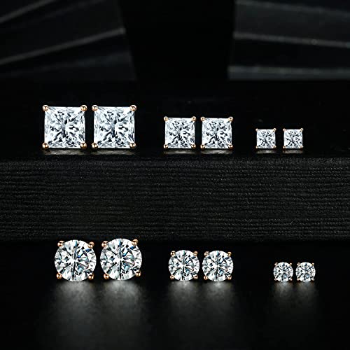18K Gold Plated Round Princess Cut Clear Cubic Zirconia Stud Earring of 6 Pairs - color: Crose gold plated