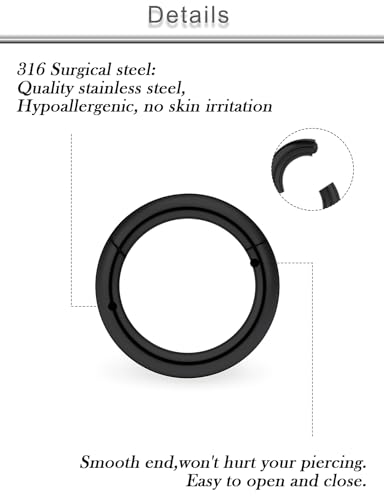 20G 18G 16G 14G 12G 10G Surgical Steel Hinged Clicker Segment Nose Rings Hoop Lip Rings Helix Cartilage Daith Tragus Sleeper Earrings Body Piercing for Women Men 6mm 8mm 10mm 12mm 14mm 16mm - color: Black-12G(2.0mm)-Inner Diameter: 10mm 12mm 14mm 16mm