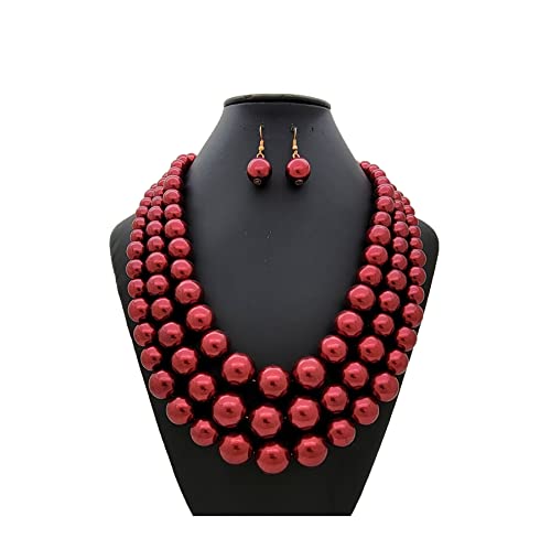 Simulated Pearl Necklace & Earring Set, Multi Strand - color: Burgundy
