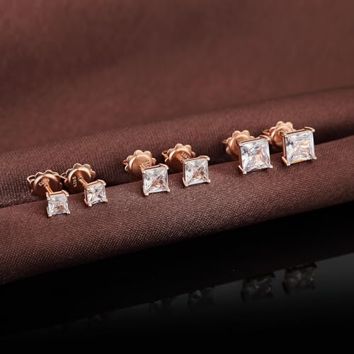 925 Sterling Silver Cubic Zirconia Stud Earrings for Women/Men Hypoallergenic Stud Earrings 4MM-8MM - style: F: Square Stud-Rose Color