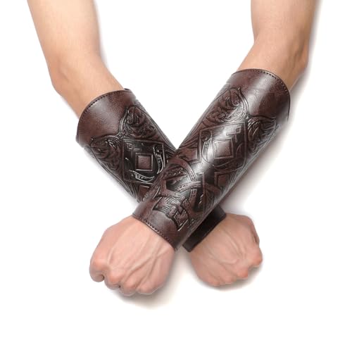 Medieval Leather Bracers Dragon Embossed Viking Leather Bracers Leather Arm Armer Cuff Leather Gauntlet Costumes Accessories - style: Viking Angle Wings Leather Bracers-dark Brown
