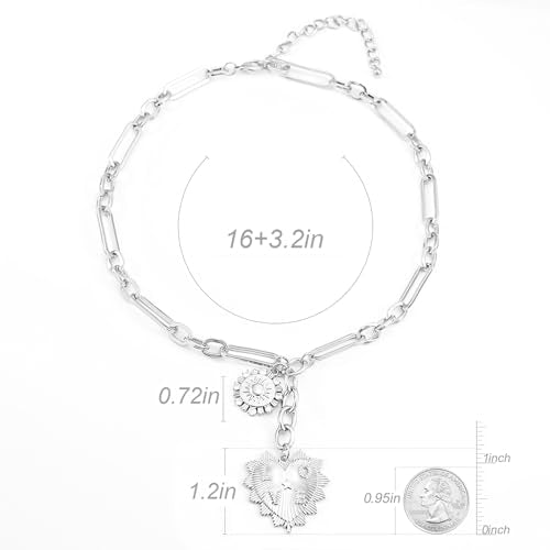 ORIGENCE Sun Heart Necklace for Women 18K Gold Plated Heart Pendant Necklace Chunky Chain Choker Necklaces Hip Hop Charm Necklaces Trendy Unisex Jewelry - style: HCharm-Silver