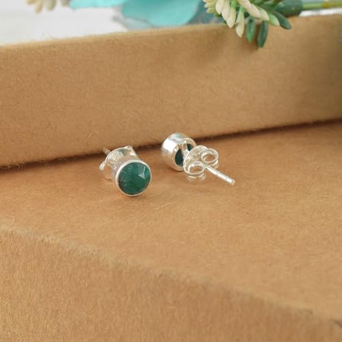 5 MM Natural Gemstone 925 Sterling Silver Hypoallergenic Studs Earrings Jewelry for Women Dainty Trendy Antiqued Silver Birthstone Earrings Jewelry Gifts for Women and Her - color: Emerald