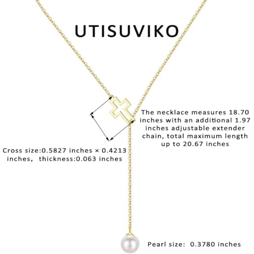 925 Sterling Silver Cross Pearl Lariat Necklace for Women | Y-Shaped Pearl Drop Necklace Adjustable Hollow Cross Pearl Necklace Faith Baptism Birthday Jewelry Gift for Mother Daughter - color: Gold