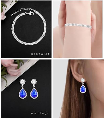 Elegant Silver Crystal Wedding Necklace Earrings Bracelet Jewelry Set for Women Brides Bridesmaids Prom Party Costume Accessory Bridal Jewelry - color: silver-royal blue