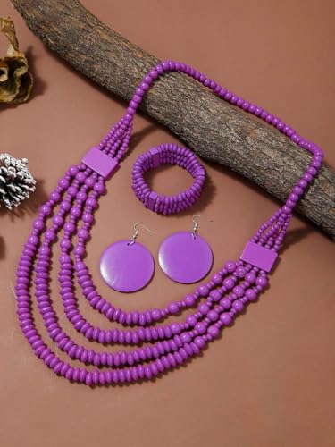 Colorful Ethnic Wooden Earrings Round Statement Dangle Earrings Multilayered Geometric Beaded Bracelet Necklace Set for Women Exaggerated Tribal Jewelry - color: Purple
