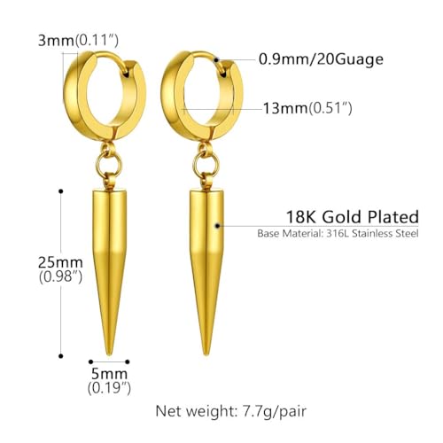 PROSTEEL Stainless Steel Huggie Hoop Earrings for Mens Gold/Black/Silver | Skull/Infinity Pattern, Spike/Cuban Links 4 Design Options Hypoallergenic Lightweight Earring Hip Hop Punk Gothic Jewelry - style: 09-Spike Dangle-Gold