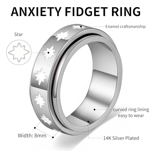 Fidget Anxiety Rings for Women 14K Gold Silver Plated Spinner Band Ring 8mm Thick Stainless Steel Statement Rings Jewelry Gifts Size 6-10 - color: Silver-Star