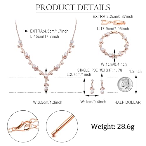 EVER FAITH Cubic Zirconia Pearl Leaf Bridal Jewelry Set for Bride Women | White Wedding Prom Necklace Dangle Earrings Bracelet, for Bridesmaid - color: CZ_Clear Rose Gold-Plated-Brass