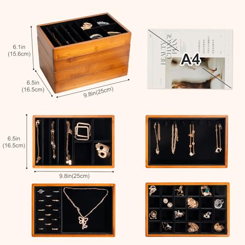 ProCase 4-Set Bamboo Stackable Jewelry Organizer Tray, Jewelry Drawer Inserts Container Display Case Storage for Earring Necklace Rings Bracelet with Removable Dividers -Black