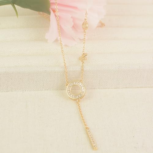 Gold Plated Lariat Necklace for Women Circle Bar Love Letter Long Pendant Y Necklace CZ Trendy Dainty Chain Drop Necklaces Adjustable Length