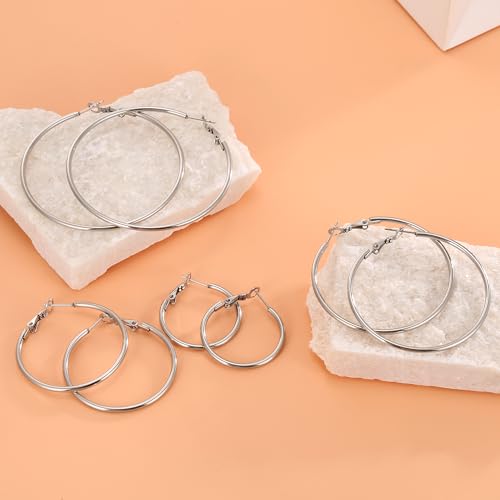 4 Pairs Silver Gold Hoop Earrings for Women | 14K Gold Plated Hoop Earrings Set Hypoallergenic Earring Lightweight Dangle Earrings Set - color: 1 Pair Silver-30mm