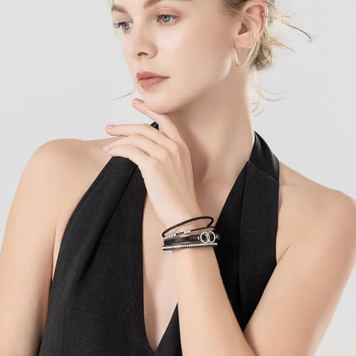 Chunky Boho Leather Wrap Bracelets Cowgirl Beaded Circle Western Jewelry | Stackable Infinity Layered Bohemian Magnetic Clasp Cuff Statement Fashion Colorful Country Hippie Outfits for Women Trendy - color: Black