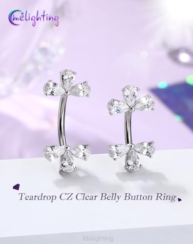 Melighting 14G Double Teardrop CZ Gold Belly Button Ring 316L Surgical Steel Navel Ring 3 Stone Drop Design Belly Bar Piercing Jewelry for Women 8 mm/10 mm - color: Steel, size: 14G8mm