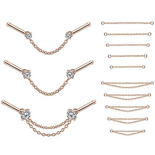 PunkTracker 20G Nose Rings 2mm 2.5mm 3mm CZ Nose Studs | with Chains Surgical Steel Nose Piercing Jewelry Nose Ring Studs - style: Rose Gold, Nose Studs