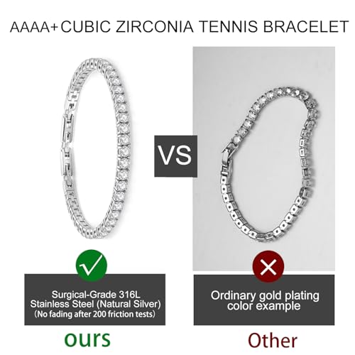 Stainless Steel Adjustable CZ Tennis Bracelet for Women Men | 14K Gold Plated, Round 3mm/4mm/5mm AAAA+ Cubic Zirconia, Dainty Classic, Festival Wedding Jewelry Gift - color: Steel, size: CZ 4mm