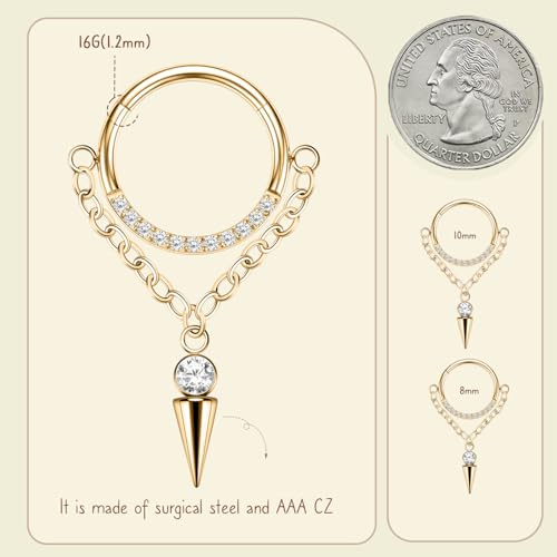 AROWRO Chain Septum Rings 316L Surgical Steel Septum Clicker Daith Piercing Jewelry Dangle Nose Rings for Women 16G 8/10mm Conch Cartilage Hoop Seamless Hinged Septum Jewelry with Clear CZ/Opal - color: Style-5-Gold cone dangle&Clear CZ, size: 16G-10mm