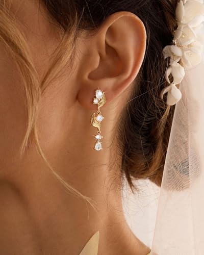 14K Gold Plated/Sterling Silver CZ Pearl Drop Dangle Earrings for Women - color: Gold-Flower CZ