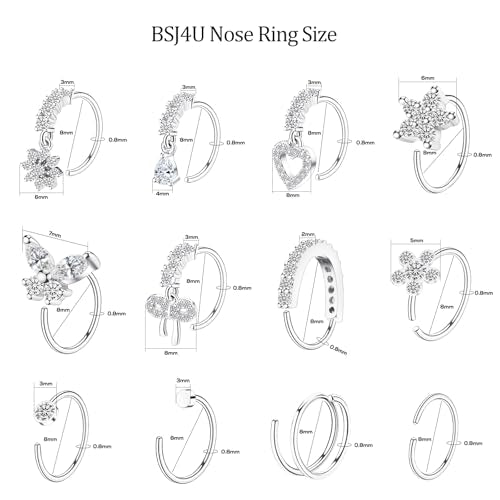 BSJ4U Hoop Nose Rings for Women Nose Piercings 20G Stainless Steel Nose Rings Hoops Heart Butterfly Flower Bow Teardrop Double Nose Hoops Gold Plated Silver Pink Clear CZ Nose Piercing Jewelry - color: Silver Clear Nose Rings