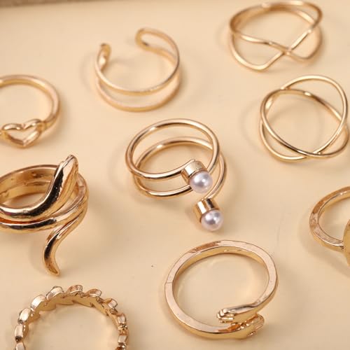 42-Piece Gold Tone Stackable Ring Set for Women, Boho Minimalist Stacking Rings with Crystal & Heart Accents, Adjustable Open Band Jewelry for Daily Wear - style: ZH00100