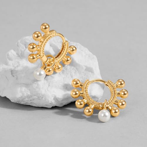 DREMMY STUDIOS Gold Dainty Huggie Hoop Earrings 18K Gold Plated Exquisite Open Tassel Dangle Charm Drop Sleeper Geometric Cross Coin Star Heart White CZ Simple Hypoallergenic Earrings for Women - color: Dangle Ball-Pearl