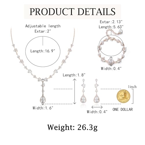 Teardrop Marquise Cubic Zirconia Wedding Prom Jewelry Set for Women Bridal | Silver/Gold/Rose Gold Plated, Pear Cut Pendant Necklace Drop Earrings Link Bracelet, for Bride Bridesmaid, for Banquet Party - style: A_Three Set, Rose Gold-Tone