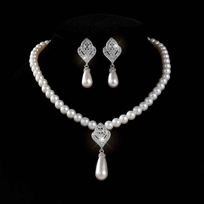 Pearl Necklace and Earring Set for Women,Pearl Jewelry Set Fake Pearls Necklace Imitation Beaded Collar de Perlas Para Mujer Necklaces for Prom Bridesmaid Costume Accessories - color: B-Silver Water Drop