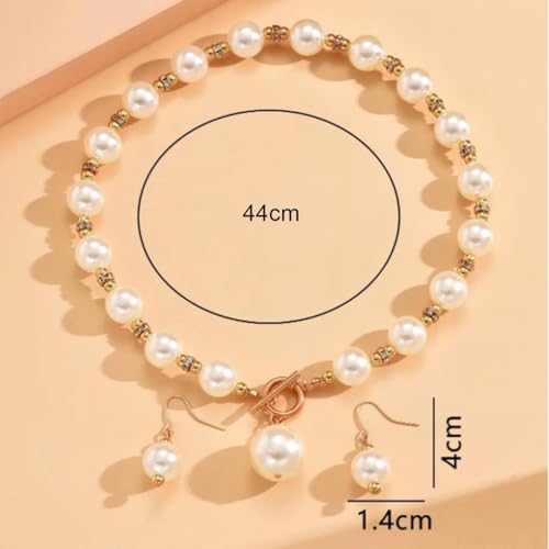 XAM 2PCS/set Large Simulated Pearl Necklace and Stud Earring for Women Brides Chunky Pearl Retro Costume Necklace Set Statement Wedding Jewelry 1920s Costume Jewelry Set - color: Champagne