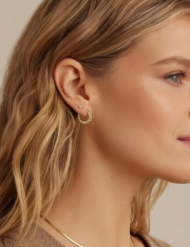 Fiusem 14K Gold Plated Huggie Hoop Earrings for Women | 8/10/12 Hypoallergenic Small Twisted beaded Huggie Earrings - color: Gold Twisted, size: 8MM