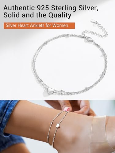 PROSILVER 925 Sterling Silver Ankle Bracelets For Women, Stylish Chain Anklets, Summer Beach Jewelry, 8.6-10.6 Inch Adjustable, Come with Box - style: 01-Heart Anklet-Layered