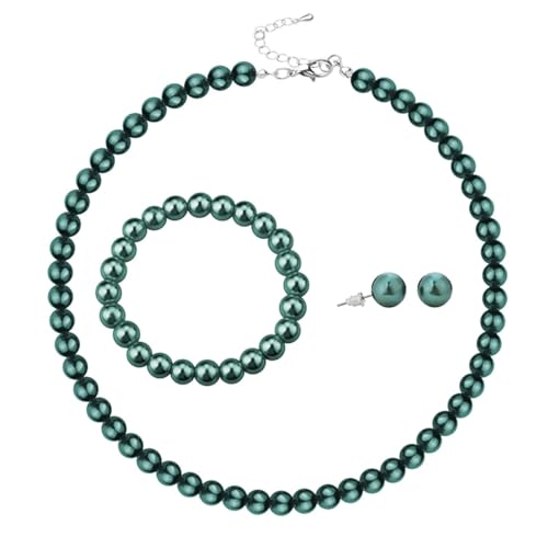 xuzhiyuan 10mm Faux Pearl Jewelry Set for Women, Classic 3-Piece Necklace Bracelet and Earring Set, Hypoallergenic Fashion Jewelry Gift for Mom Wife - color: Green