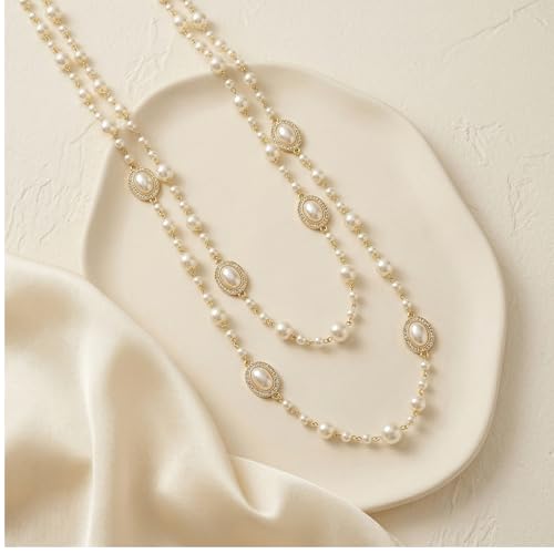 Long Pearl Necklace for Women, Layered Faux Pearl Station Necklace, Gold Tone Double Strand for Wedding Guest Looks and Evening Styling - color: Golden oval beads