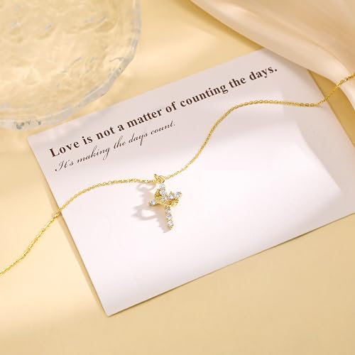 Carffordo 925 Sterling Silver Cross Necklace, Dainty Necklace for Women | Simple Small Cross Pendant Necklace, Sterling Silver/16K Gold Plated Non-Tarnish Faith Jewelry, Christian Religious Gifts - style: Gold Crown Cross