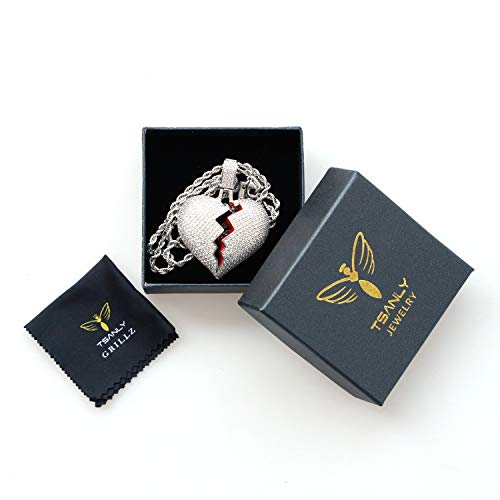 Broken Heart Pendant Necklace Hip Hop CZ Fully Iced Out Bling CZ Diamond 24K White Gold Plated with 24" Stainless Rope Chain - color: Silver